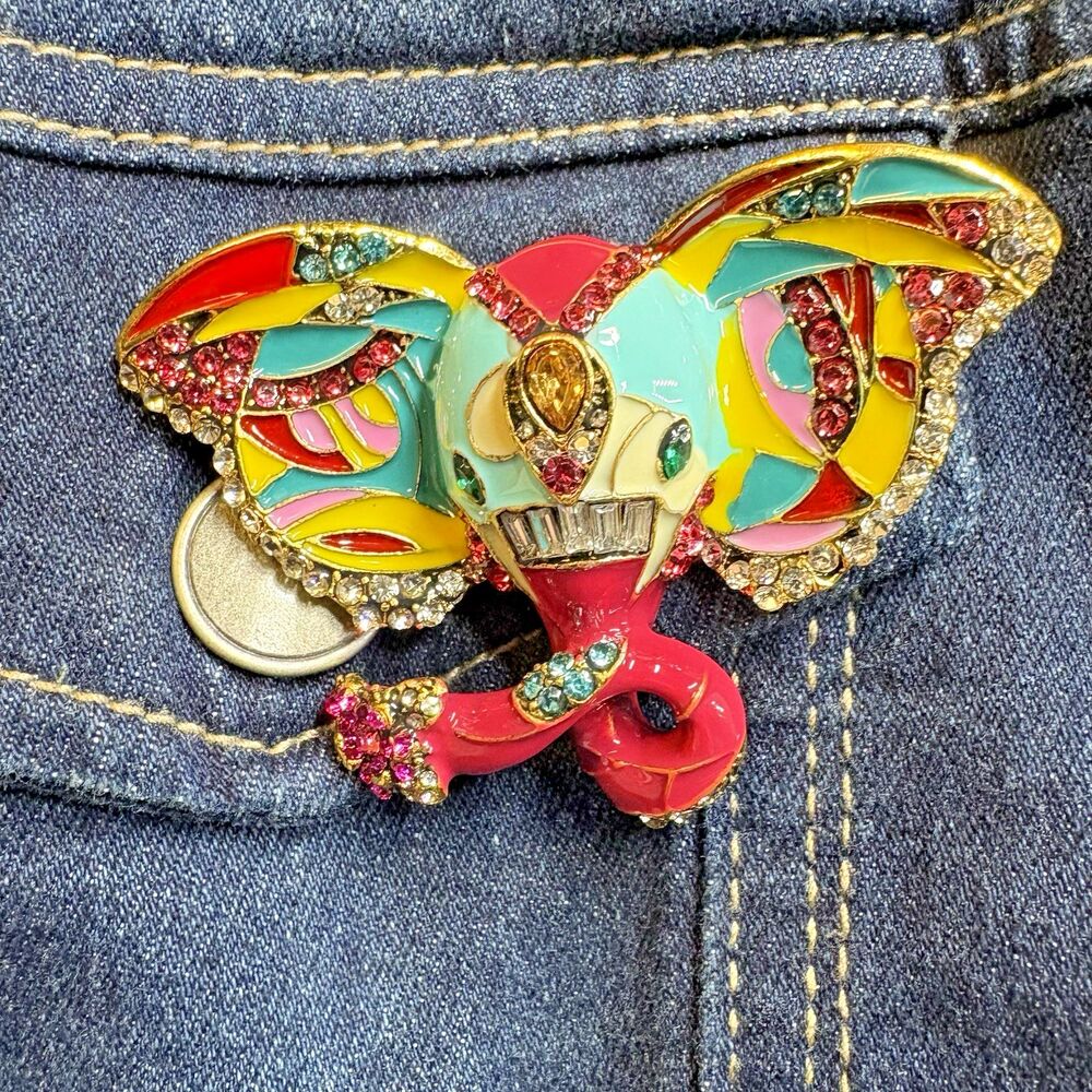 Elephant Brooch Pin – Multicolor Enamel Rhinestones -Designer Style Statement